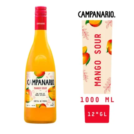 Botella de Campanario Mango Sour de 1 litro, cóctel chileno de pisco con jugo natural de mango, color amarillo vibrante.