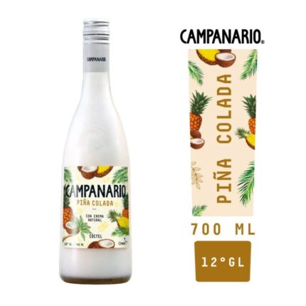 Botella de Campanario Piña Colada 700cc, cóctel tropical cremoso con ilustraciones de piñas y cocos.