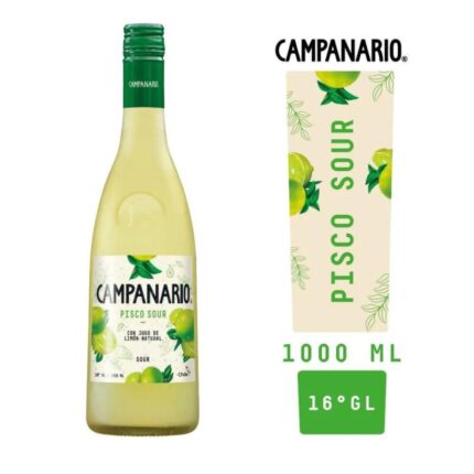 Botella de Campanario Sour 1 Lt. con tapa verde y líquido amarillo claro, destacando limones frescos en la etiqueta.