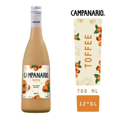 Botella de Campanario Toffe 700cc, cóctel cremoso chileno de caramelo con 12° GL y diseño de etiqueta con toffees.