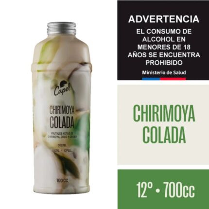 Botella de Capel Chirimoya Colada 700cc, cóctel tropical chileno con sabores de chirimoya, coco y crema.
