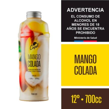 Botella de Capel Mango Colada 700cc, cóctel tropical cremoso con notas de mango, coco y crema.