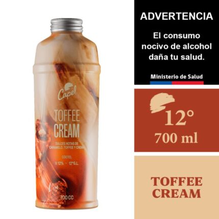 Botella de Capel Toffe Cream 700cc, un cóctel cremoso chileno con notas dulces de caramelo y toffee.