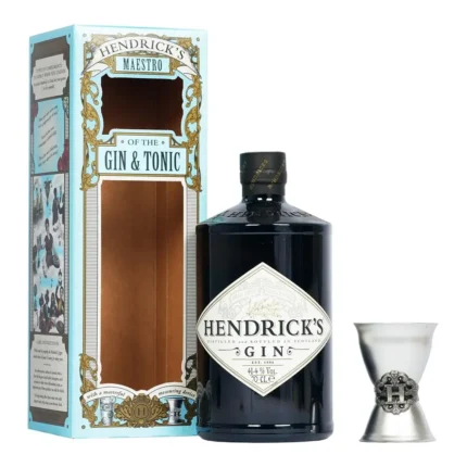 Pack Gin Hendrick 700cc "Maestro del Gin & Tonic" con botella estilo boticario, jigger metálico y caja de regalo.