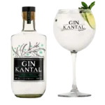 Botella de Gin Kantal 750cc con etiqueta floral verde y negra junto a un gin tonic en copa balón con lima y menta.