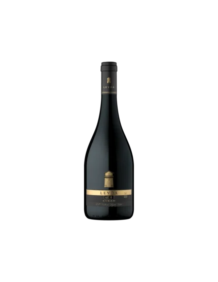 Botella de Vino Leyda Syrah, Lot 8, tinto chileno del Valle de Leyda, con etiqueta negra y dorada.