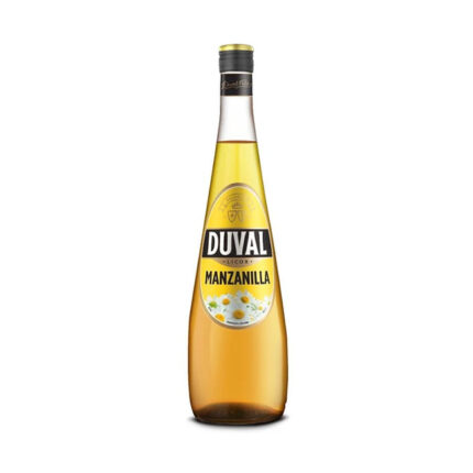 Botella de Licor De Manzanilla Duval de 750cc, líquido dorado claro con etiqueta amarilla y flores de manzanilla, 30° G.L.