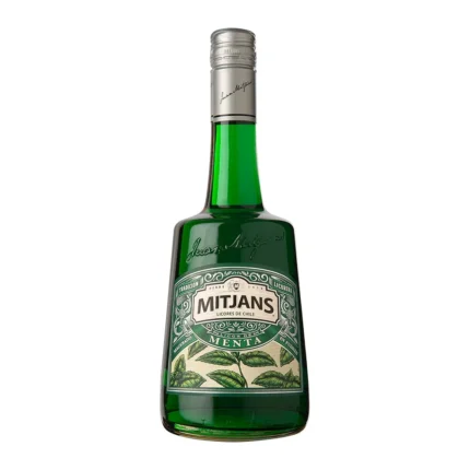 Botella de Licor Menta Mitjans 750 ml, color verde esmeralda con etiqueta clásica y tapa plateada, reflejando su frescura.