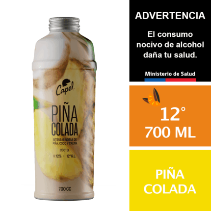 Botella de Capel Piña Colada 700cc, cóctel tropical listo para beber con imágenes de piña y coco en la etiqueta.