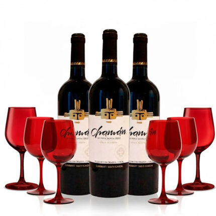 Pack 3 vinos Chamán Gran Reserva + Set de 6 copas rojas BESCO HIPER