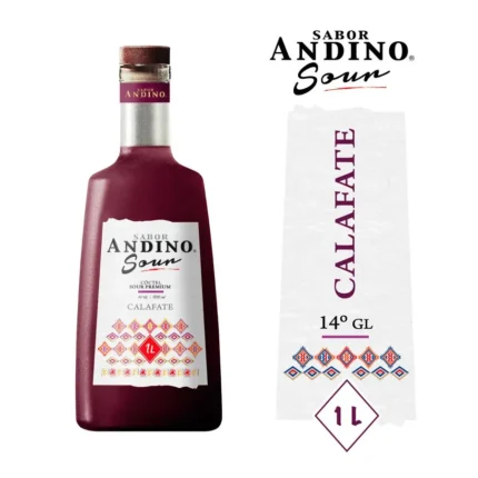 Botella de Andino Sour Calafate Premium de Sabor Andino 1L, cóctel rojizo con etiqueta andina.