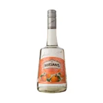 Botella de Triple Sec Mitjans, licor de naranja chileno transparente con etiqueta naranja y detalles de frutas.