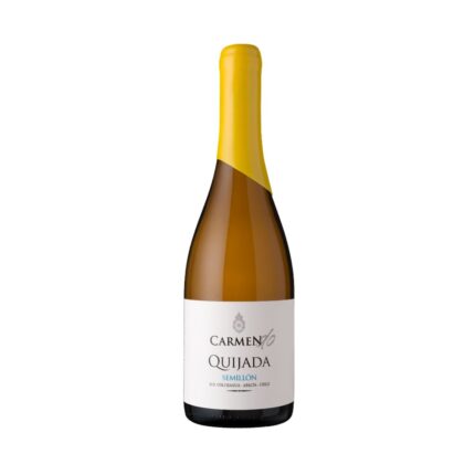 Botella de vino blanco Carmen Quijada Semillon 750ml, con etiqueta blanca y cápsula amarilla brillante.