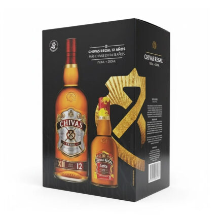 Caja de regalo Chivas Regal 12 años con botella de 750ml y miniatura Chivas Extra 13 años de 200ml.