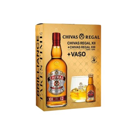 Pack de regalo Chivas Regal XII 750 ml y Chivas Regal XIII 50 ml Oloroso, con vaso, en caja dorada.