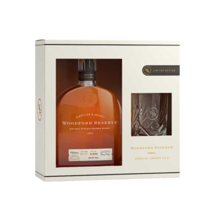 Pack whisky Woodford Reserve Distiller's Select y vaso de cristal, edición limitada, en caja de regalo.