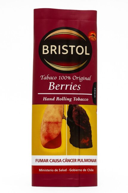 Bolsa de tabaco para liar Bristol 100% Original Berries, con advertencia sanitaria Fumar Causa Cáncer Pulmonar e imagen de pulmones.