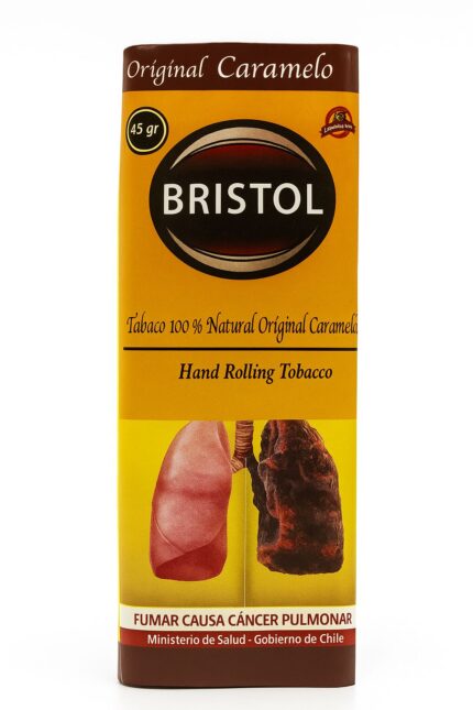 Paquete de tabaco para liar Bristol Original Caramelo de 45g, con advertencia del Ministerio de Salud de Chile sobre el cáncer pulmonar.