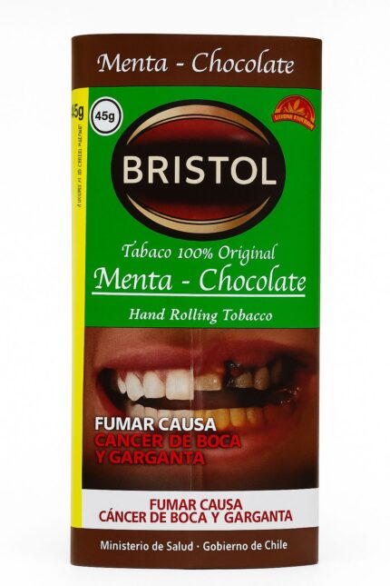Bristol Tabaco de liar Menta Chocolate de 45g con advertencia sanitaria gráfica sobre cáncer de boca y garganta.