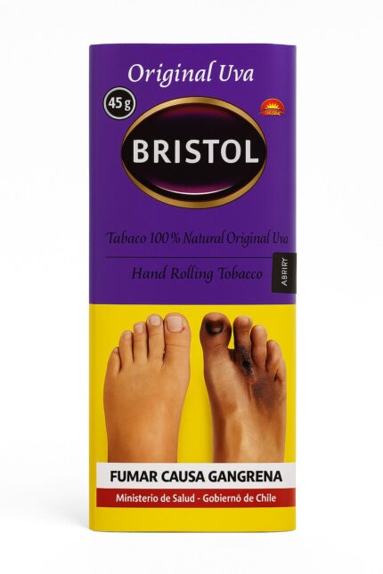 Tabaco de liar Bristol Original Uva (45g) con advertencia sanitaria del Ministerio de Salud de Chile mostrando un pie con gangrena y el texto 'Fumar Causa Gangrena'.