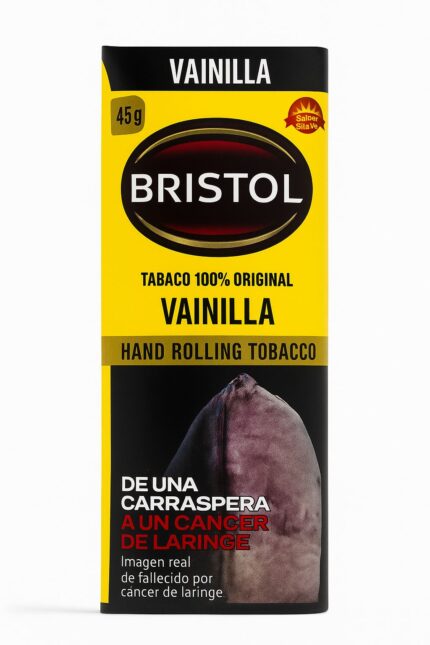Bristol Tabaco para liar Vainilla 45g, con advertencia sanitaria de cáncer de laringe y la imagen real de una garganta afectada.