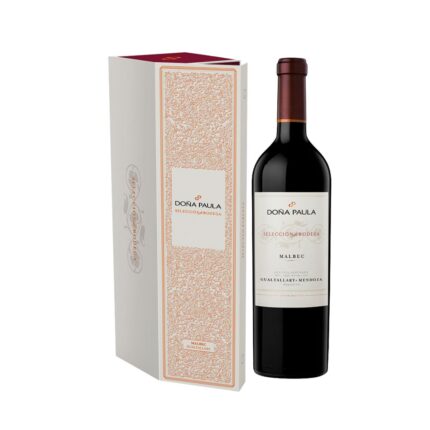 Botella y caja de regalo del Vino Doña Paula Selección de Bodega Malbec 750ml, vino tinto de Gualtallary, Mendoza, Argentina.