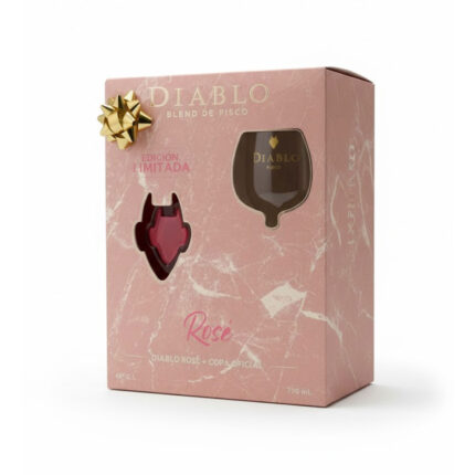 Pack Pisco Diablo Rosé Edición Limitada con botella de 700ml y copa oficial en estuche rosado, ideal para regalo.