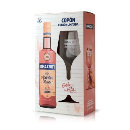 Pack Ramazzotti Aperitivo Rosato con copón de edición limitada, botella rosa floral, ideal para cócteles italianos.