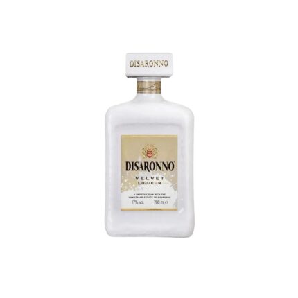 Botella de Disaronno Velvet, licor de crema italiano de 17% vol. con etiqueta dorada y tapa blanca.